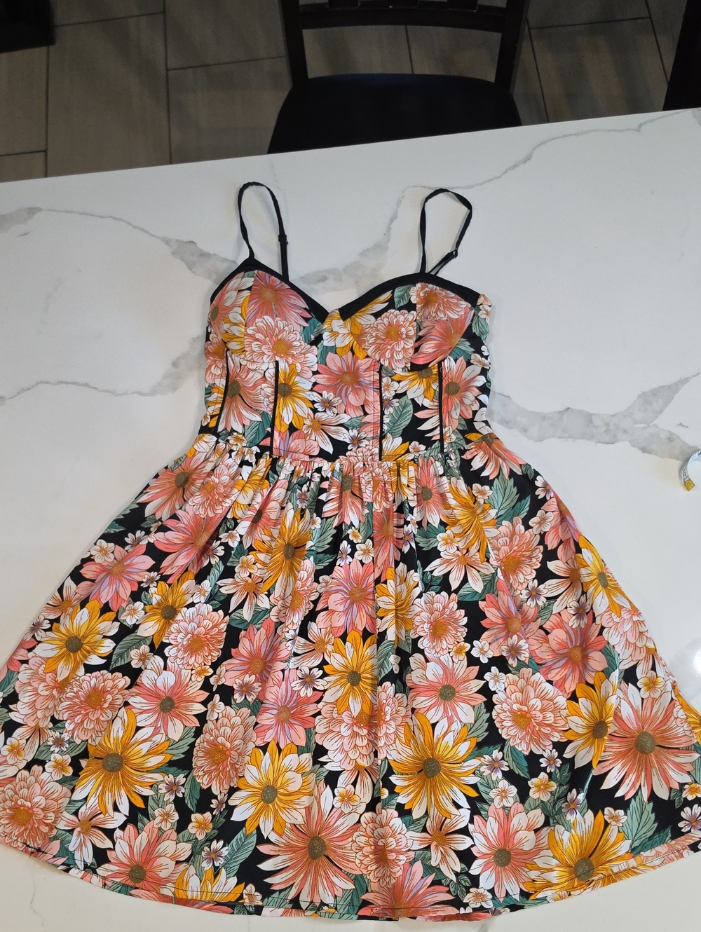 Girls' Black Floral Sundress with Pink & Yellow Blooms